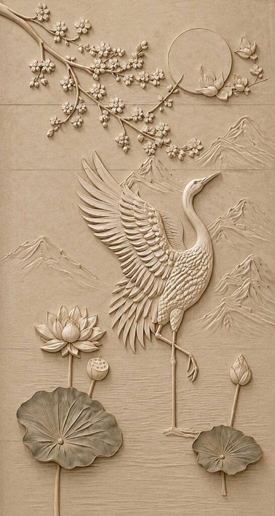 Crane & Lotus 3D Stone Wall Panel for Living Room